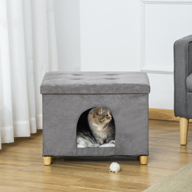 PawHut Cat House Pouf Σκαμπό ποδιών με επένδυση με αφαιρούμενο και πλενόμενο μαξιλάρι, γκρι D30-522