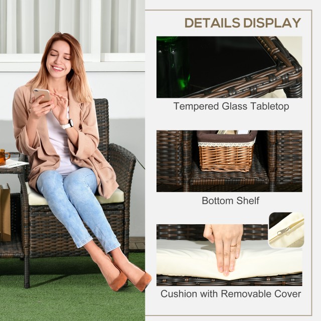 Outsunny Rattan Garden Σετ με 2 Μοντέρνες Καρέκλες και Τραπεζάκι Σαλονιού, 138x60x87 cm, Καφέ 867-180V00MB