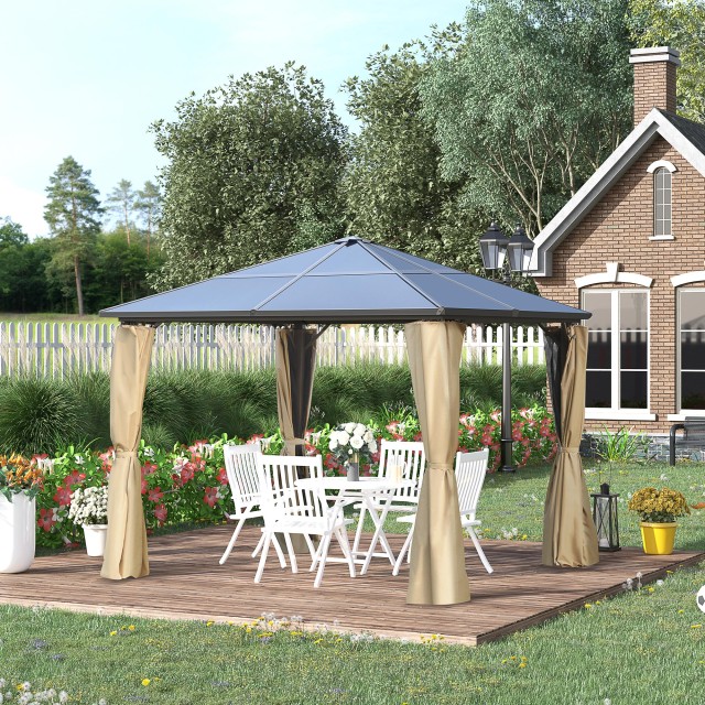 Outsunny Garden Gazebo 2,94x2,94m με πολυανθρακική στέγη και κουνουπιέρες, Caff? και Χακί 84C-347