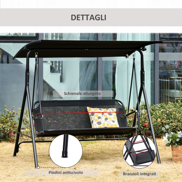 Outsunny Garden Swing Terrace 3 θέσεων με ρυθμιζόμενο κουβούκλιο, μέταλλο και μαύρο ύφασμα 172x110x155cm 84A-181BK