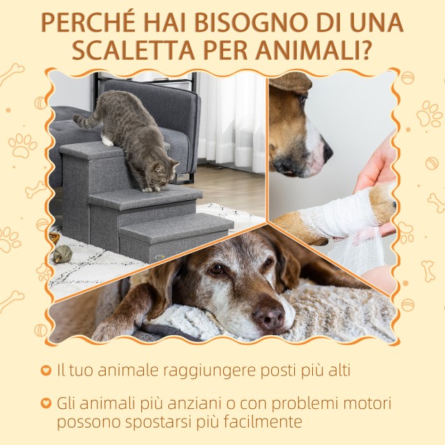 PawHut Ladder για σκύλους και γάτες max 5kg με 3 σκαλοπάτια, σε ύφασμα λινό εφέ και MDF, 63,5x42,5x40,5 cm, Γκρι D06-173V70LG