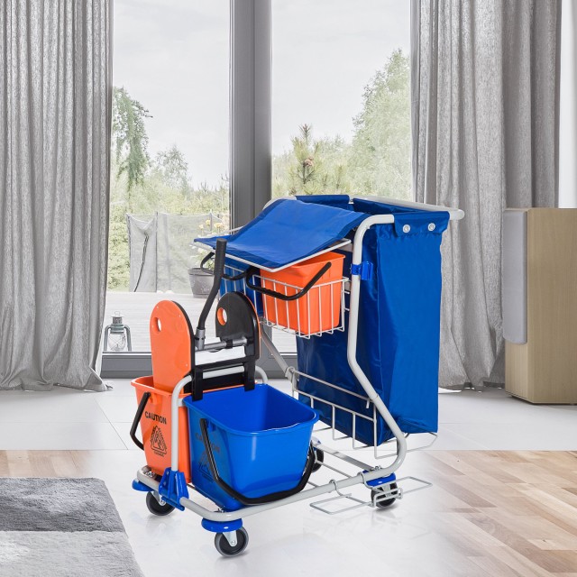 Homcom Professional Cleaning Cart with 4 Buckets 18L / 6L Blue and Orange 720-007