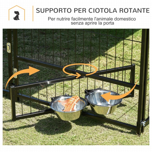 Dog Run από μέταλλο και ύφασμα Oxford με πόρτα για μπολ, 141x141x151 cm, μαύρο και καφέ D02-057V01CF
