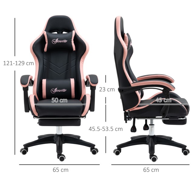 Καρέκλα Gaming  με Ρυθμιζόμενο Ύψος και Ανακλινόμενη Πλάτη- 65x65x121-129 cm Μαύρο / Ροζ 921-618V00BK Vinsetto