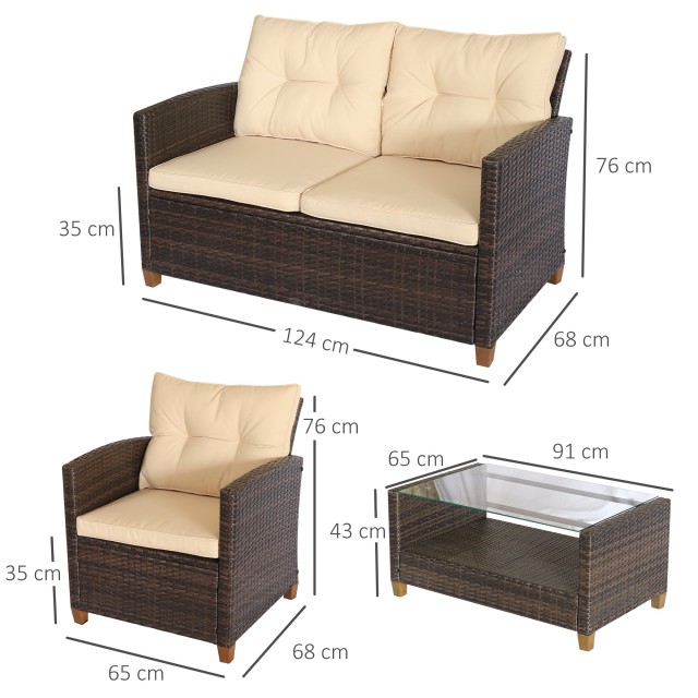 Outsunny Σετ Έπιπλα Κήπου 4 τεμαχίων σε Rattan PE Τραπεζάκι σαλονιού, Καναπές και Πολυθρόνες Καφέ με Μπεζ μαξιλάρια 860-117BG