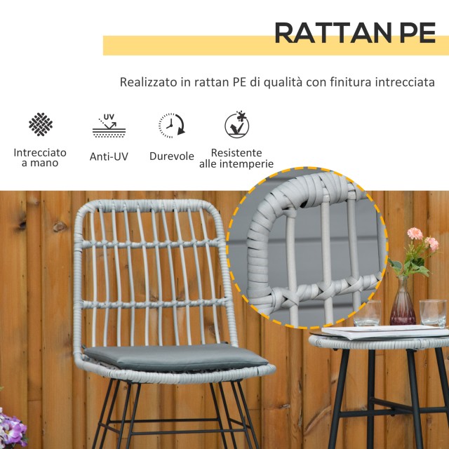 Outsunny σετ επίπλων κήπου 3 τεμαχίων με τραπέζι και καρέκλες εξωτερικού χώρου από Rattan PE, πολυεστέρα και ατσάλι, γκρι 863-087GY