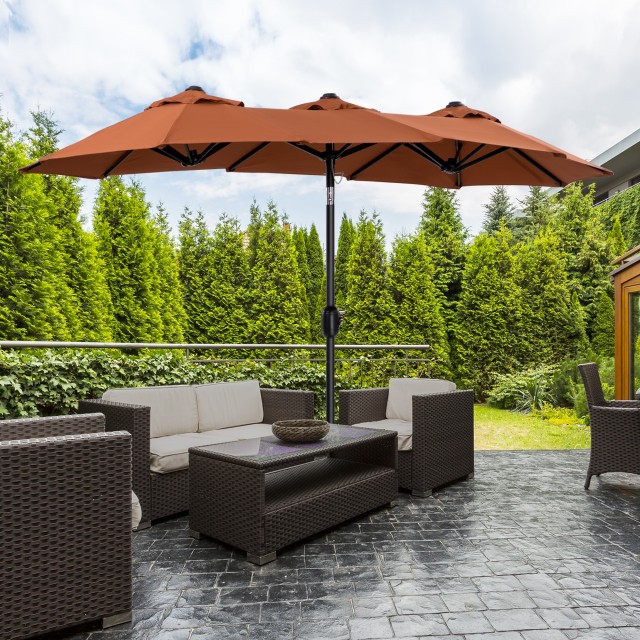 Outsunny Διπλή ανακλινόμενη ομπρέλα κήπου με άνοιγμα μανιβέλας, 285...