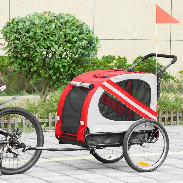 PawHut Dog Trailer με ανοιγόμενη είσοδο, ρόδες και σημαία, ατσάλι και ύφασμα Oxford, κόκκινο ασημί μαύρο D00-144RD