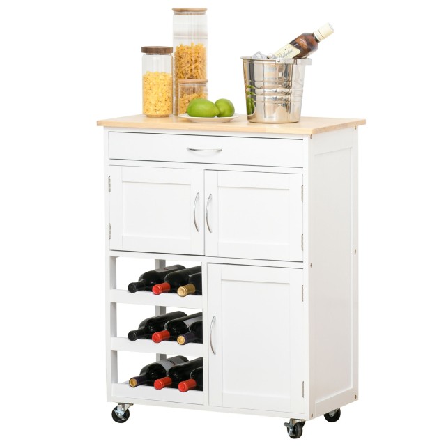 HOMCOM White Wood Kitchen Cart food with Bottle Rack 1 συρτάρι και 3 πόρτες, 67x37x87cm 801-179