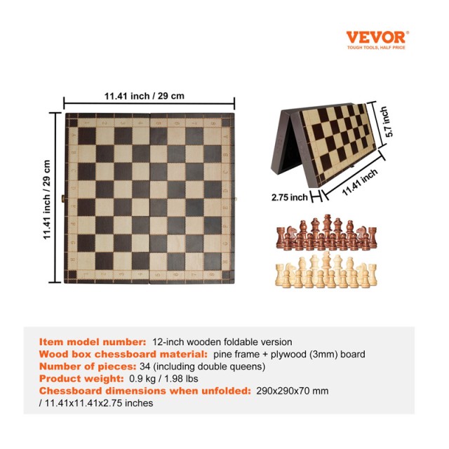 Μαγνητικό Ξύλινο Σκάκι με 34 Πιόνια 29 x 29 x 7 cm VEVOR MZGJXQ12YCSSTUH2IV0