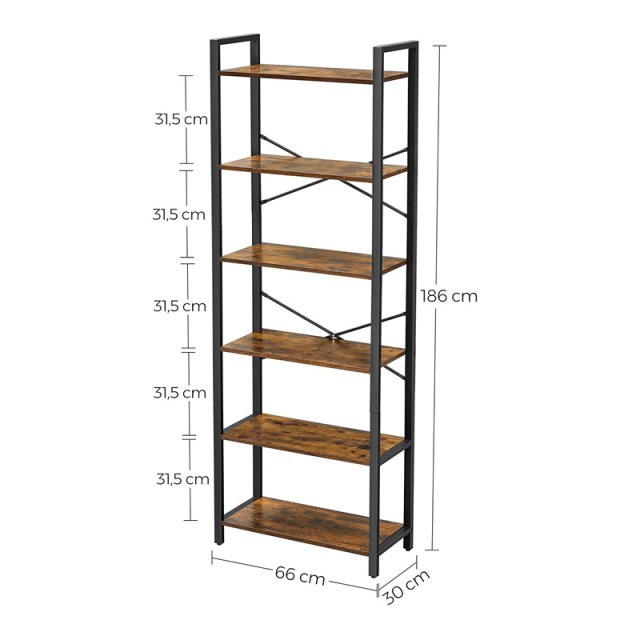 Μεταλλική Βιβλιοθήκη με 6 Ξύλινα Ράφια 66 x 30 x 186 cm VASAGLE LLS062B01