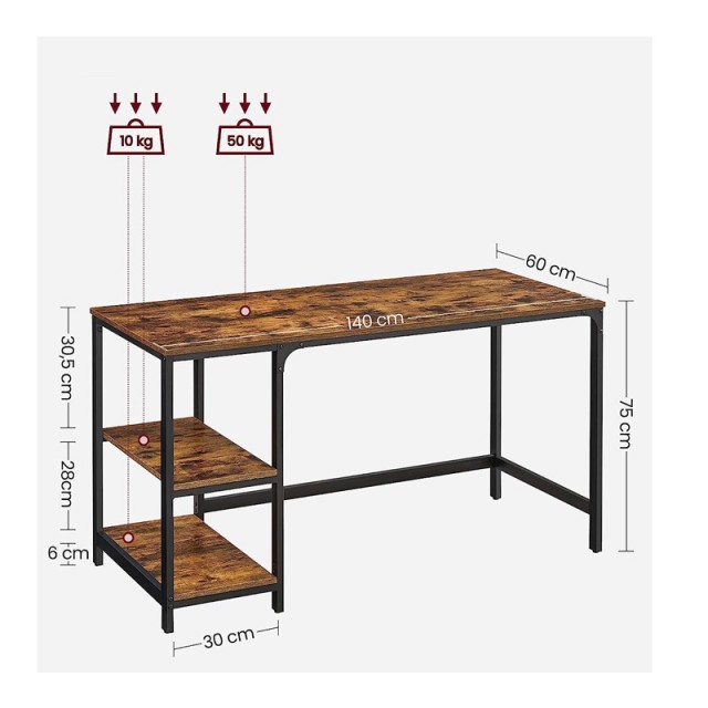 Μεταλλικό Γραφείο με 2 Ράφια 140 x 60 x 75 cm VASAGLE LWD55X