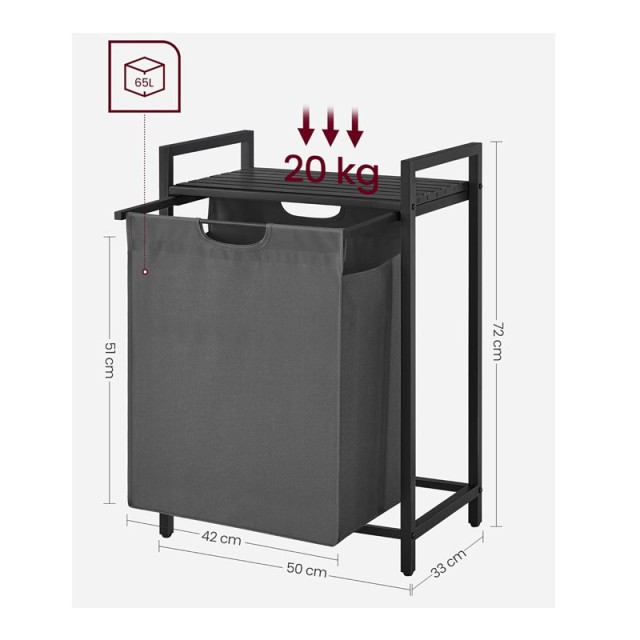 Μεταλλικό Καλάθι Απλύτων με 1 Ράφι 50 x 33 x 72 cm Χρώματος Μαύρο/Γκρι VASAGLE BLH101G01