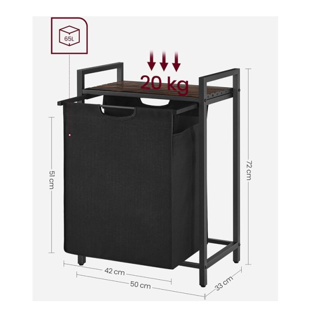 Μεταλλικό Καλάθι Απλύτων με 1 Ράφι 50 x 33 x 72 cm Χρώματος Μαύρο/Σκούρο Καφέ VASAGLE BLH101B01