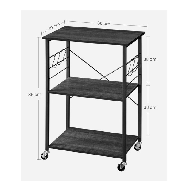 Μεταλλικό Τρόλεϊ Κουζίνας με 3 Ράφια 60 x 40 x 89 cm Χρώματος Μαύρο VASAGLE KKS060B42