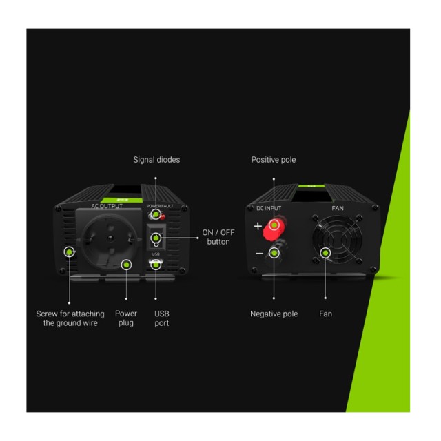 Μετατροπέας - Inverter Ισχύος Αυτοκινήτου 12 V σε 230 V 1000 / 2000 W Green Cell INV08