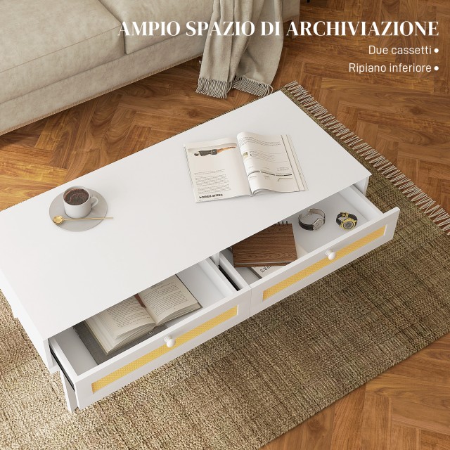 Τραπεζάκι σαλονιού HOMCOM Boho με 2 συρτάρια και ράφι, σε ράταν και μοριοσανίδα, 120x50x50 cm, λευκό και χρώμα ξύλου 839-931V01WT
