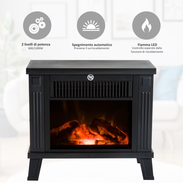 Ηλεκτρικό τζάκι δαπέδου HomCom 600W / 1200W με εφέ φλόγας, Μαύρο, 38,5 x 22 x 30,5 cm 820-065