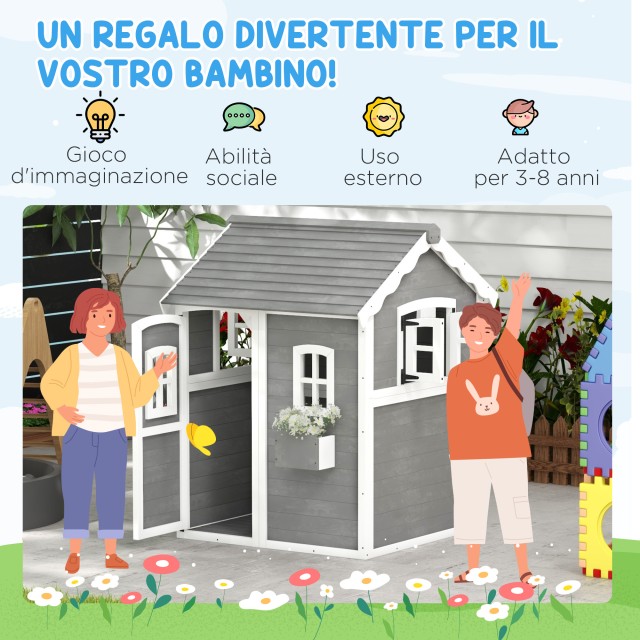 Outsunny Playhouse για παιδιά 3-8 ετών με 6 παράθυρα και ζαρντινιέρα, σε ξύλο ελάτης, 104,5x110x137 cm, Γκρι 345-026V00GY