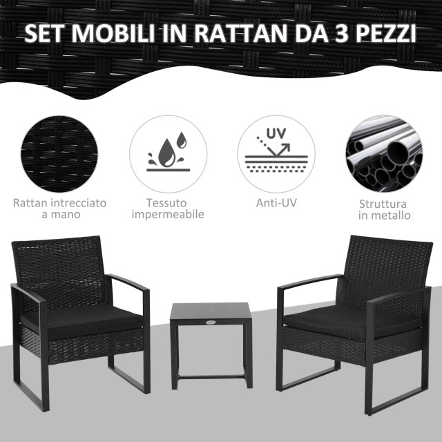 Outsunny Σετ Έπιπλα εξωτερικού χώρου Rattan Τραπεζάκι σαλονιού με 2...