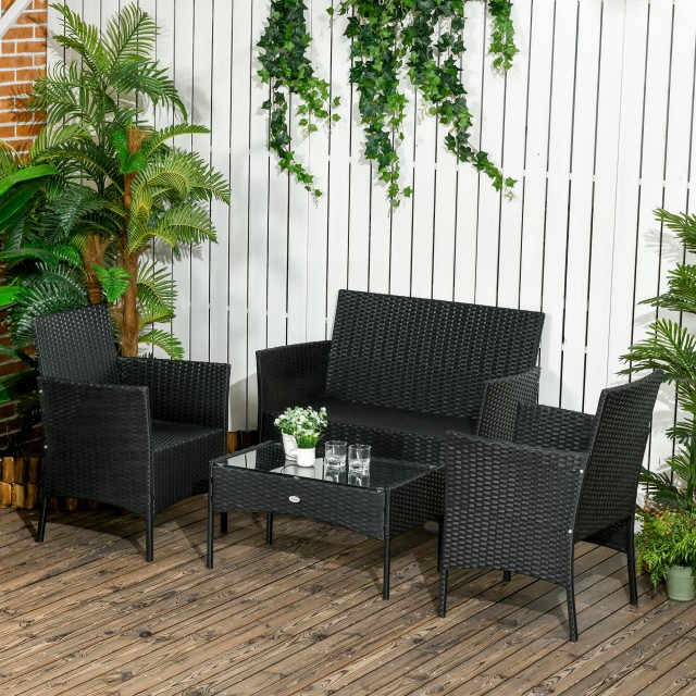 Outsunny Σετ κήπου 4 τεμαχίων Rattan με 2 καρέκλες, 2θέσια πολυθρόνα κήπου και τραπεζάκι σαλονιού 860-259V00BK
