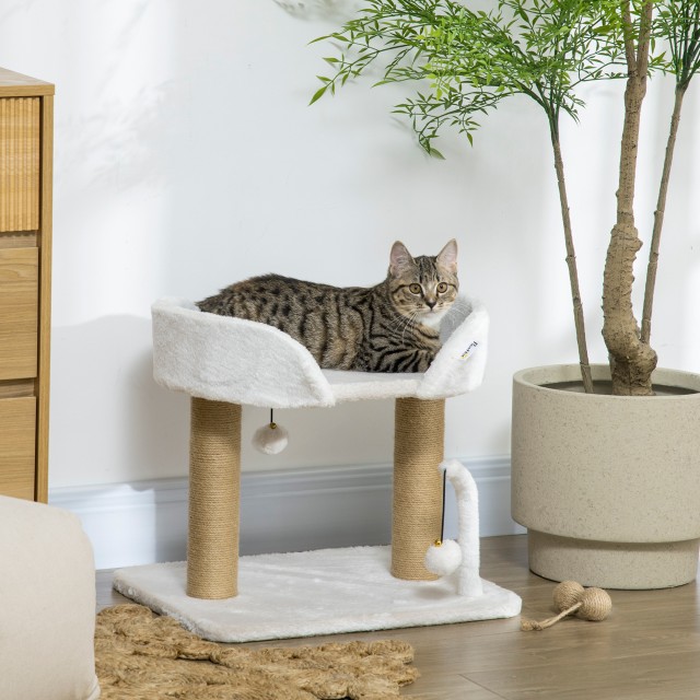 PawHut Tower for Cats max 5kg σε μοριοσανίδα με ξύσιμο στύλο και μπάλες παιχνιδιού, 48x38x42 cm, κίτρινο και λευκό D30-607V00WT