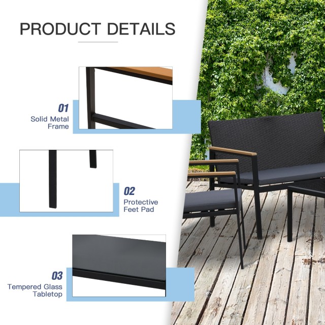 Outsunny Set 4 Pieces Garden Lounge σε PE Rattan με μπράτσα σε μαύρο ξύλο 860-092