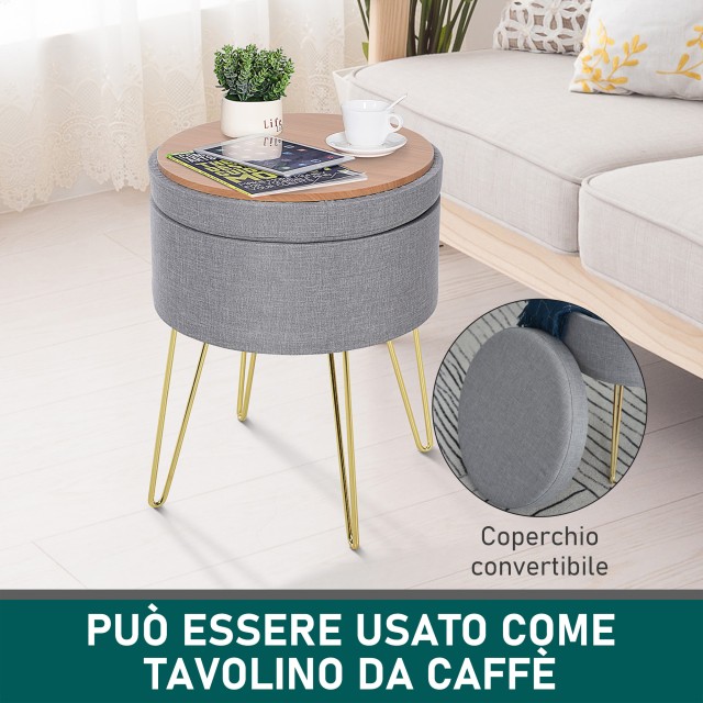 HOMCOM 2 in 1 Storage Ottoman με λειτουργία σκαμπό και τραπεζάκι σαλονιού, σε ξύλο και γκρι ύφασμα, μέταλλο με χρυσό φινίρισμα, 36x36x45 cm 838-033V70