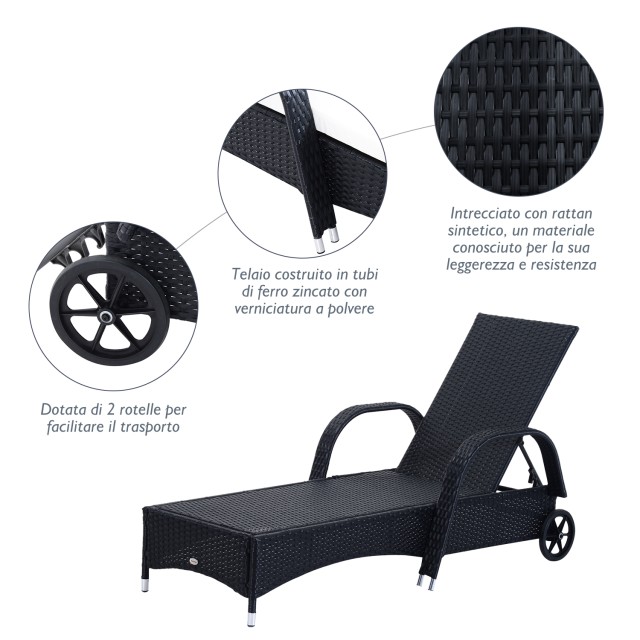 Outsunny Σετ 2 Rattan Ξαπλώστρα Ξαπλώστρα με Επενδυμένο στρώμα και Τραπεζάκι σαλονιού, Μαύρο 862-011BK