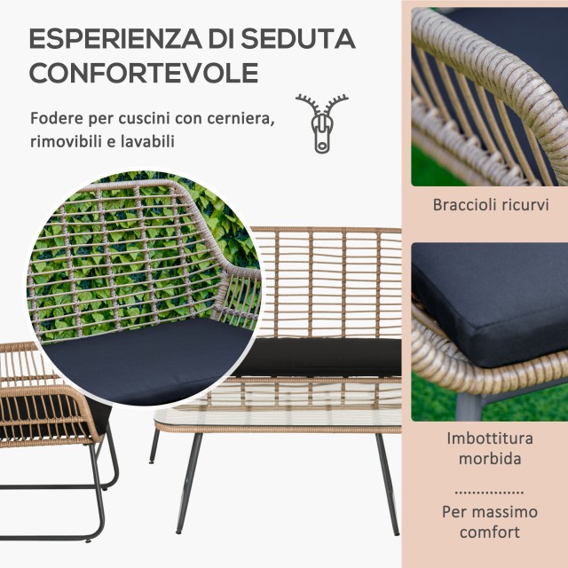 Σετ έπιπλα κήπου Outsunny σε PE Rattan με 2 πολυθρόνες, καναπέ και τραπεζάκι σαλονιού με γυάλινο ράφι 860-202