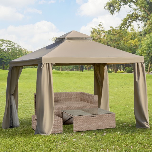 Outsunny 3x3m Metal Garden Gazebo με κουνουπιέρα και στέγη 2 επιπέδων από χακί πολυεστέρα 84C-185