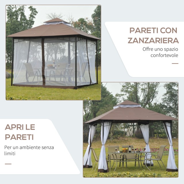 Outsunny Garden Gazebo 3x3m με κουνουπιέρα, πολυεστερική κατασκευή στέγης 2 επιπέδων σε καφέ μέταλλο 84C-010CF