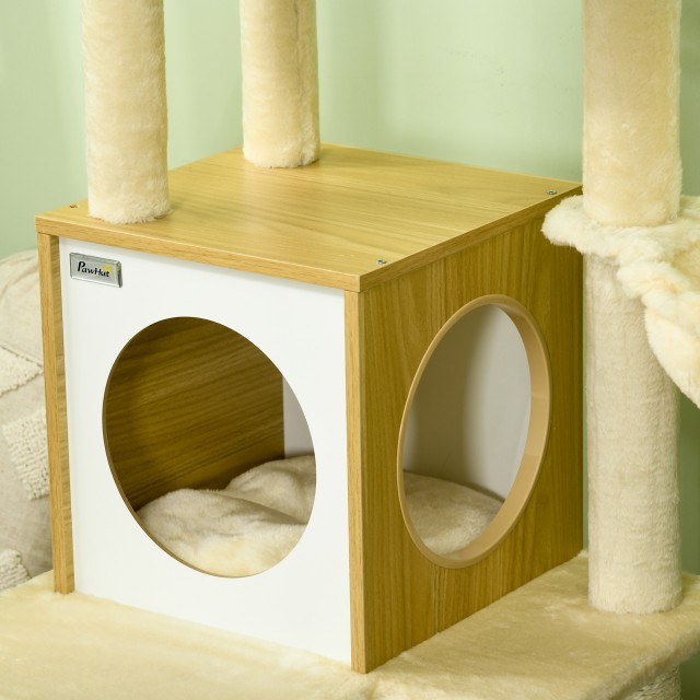 PawHut Cat Tree with House, Scratching Post for Cats, Perch and Stake, 48,5x48,5x141,5 cm, Beige D30-738V00BG