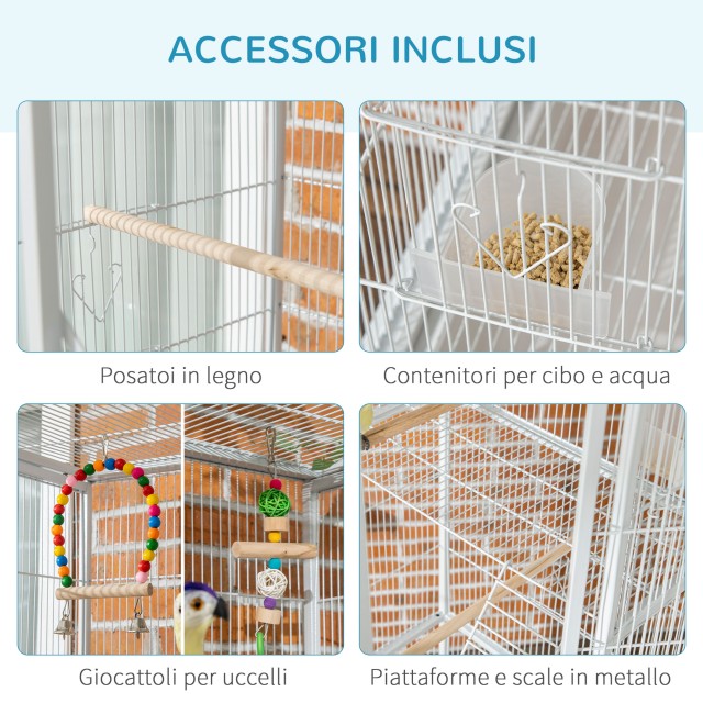 PawHut Bird Cage από ατσάλι και PP με κουρτίνες, παιχνίδια, δοχεία φαγητού και δίσκο, 83x53x180 cm, λευκό D10-089V00WT