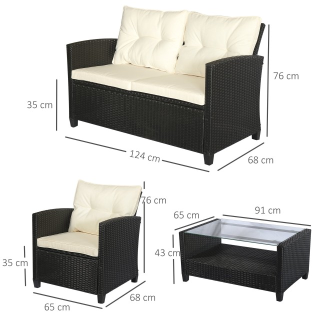Outsunny Σετ Έπιπλα Κήπου 4 τεμαχίων σε PE Rattan Τραπεζάκι σαλονιού, Καναπές και Πολυθρόνες Μαύρο με Μπεζ μαξιλάρια 860-117CW
