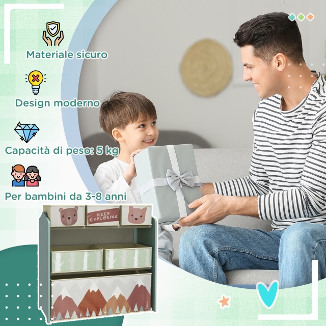 ZONEKIZ Παιδικό ράφι παιχνιδιών με 6 αφαιρούμενα υφασμάτινα δοχεία, 63x30x66cm, Πράσινο 311-059V80GN