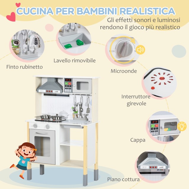 AIYAPLAY Play Kitchen for Children με Ρυθμιζόμενο Ύψος, Ήχους, Φώτα και Σκεύη, σε MDF και PP, 60x30,5x93,2 cm 350-140V80WT