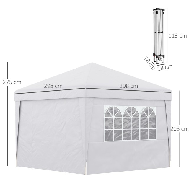 Outsunny 3x3 m Αναδιπλούμενο κιόσκι με ρυθμιζόμενο ύψος, με αναδυόμενο σχέδιο και παράθυρα, λευκό 84C-398V01WT