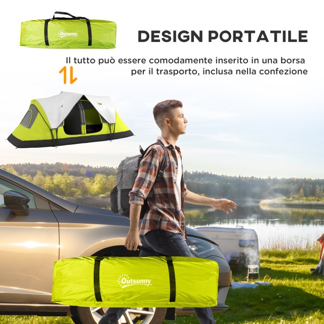 Σκηνή Camping Outsunny 4 ατόμων με 2 Χώρους Χώρους, από Πολυεστέρα και Fiberglass, 450x215Px180 cm, Πράσινο A20-422V00YG