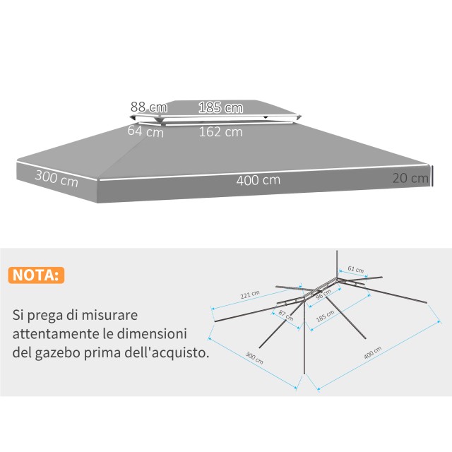 Outsunny 4x3m 2 Tier Polyester Gazebo κάλυμμα με ιμάντες και 10 οπές αποστράγγισης, γκρι 84C-102MX