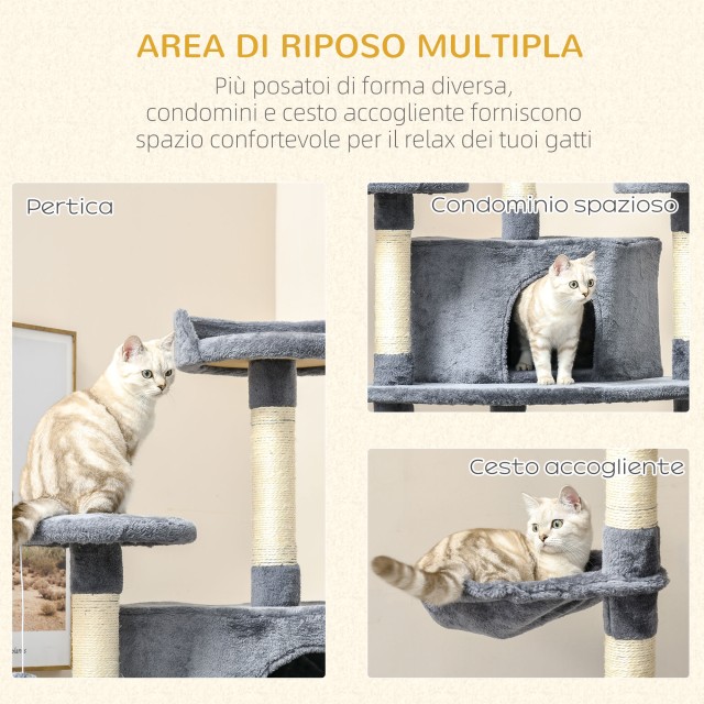 PawHut Tall Cat Scratching Tree with Houses and Hammocks, 60x60x200cm, Ανοιχτό Γκρι D30-023V01