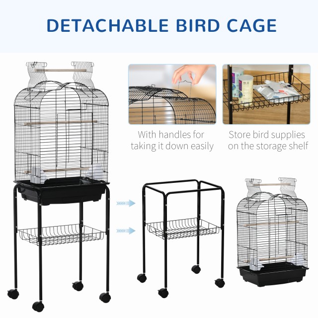 PawHut Bird Cage με 3 κούρνιες, 2 μπολ και 2 πλαϊνές πόρτες, σε ατσάλι, PP και ξύλο, 46x36x130 cm, Μαύρο D10-077
