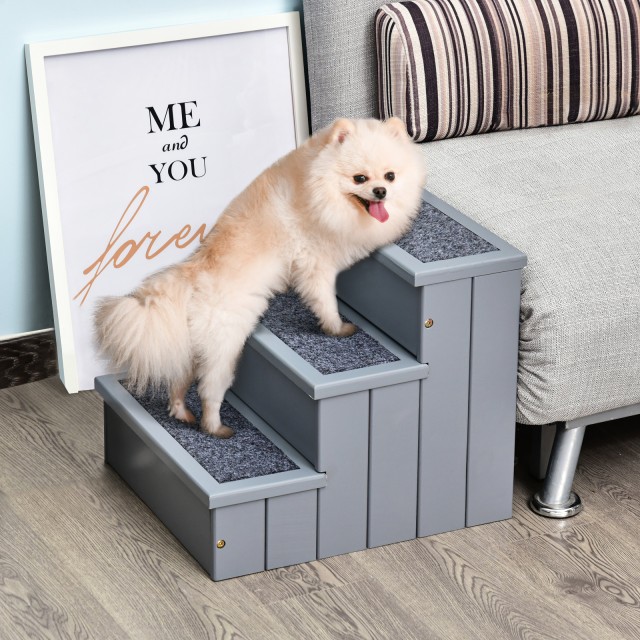 PawHut 3-Step Dog Ladder με αντιολισθητικό στρώμα και εσωτερικό χώρο, 40,5x44,5x38cm, γκρι D06-065GY
