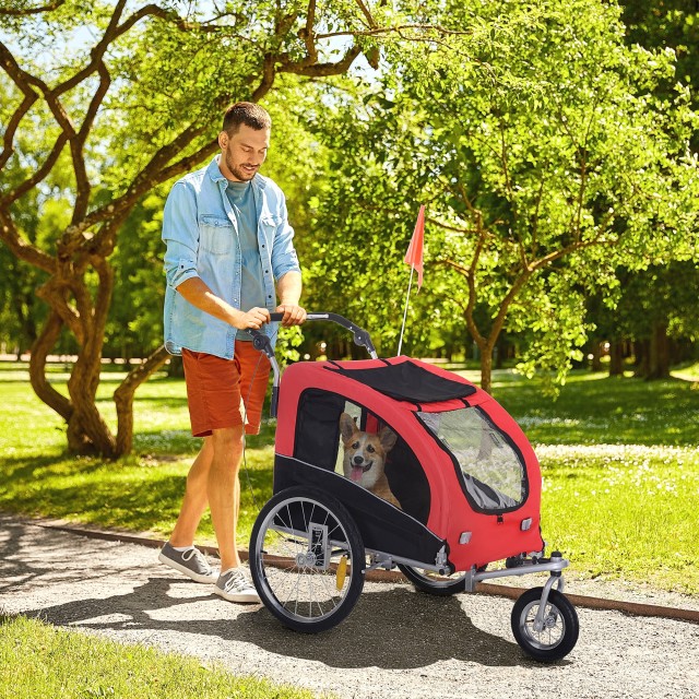 PawHut Bicycle Trailer για σκύλους μεσαίου μεγέθους με 2 εισόδους με παράθυρα και ηλιοροφή, 126-155x83x108 cm, κόκκινο 5663-1289