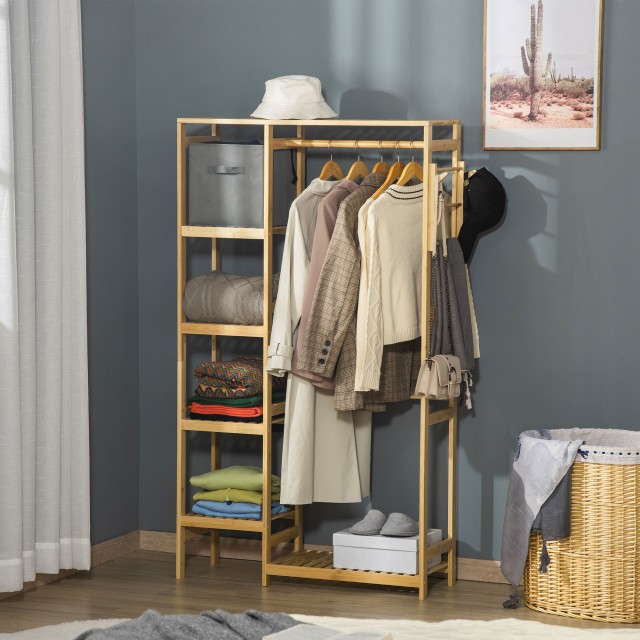 Στάντ HOMCOM Bamboo Wood Coat Stand με Πλαϊνά Ράφια, 90x30x155cm 850-158
