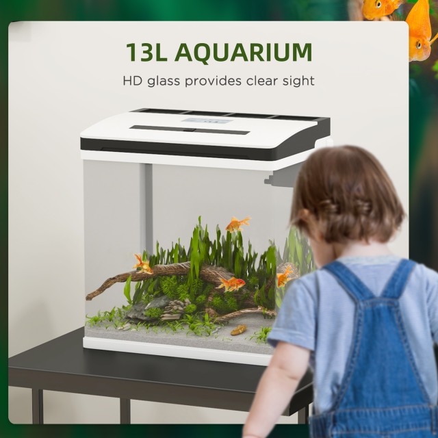 PawHut 13L Aquarium με φωτισμό LED με οπές αερισμού, σε HD Glass και ABS, 29L x 20D x 30,5H cm D61-004V90WT