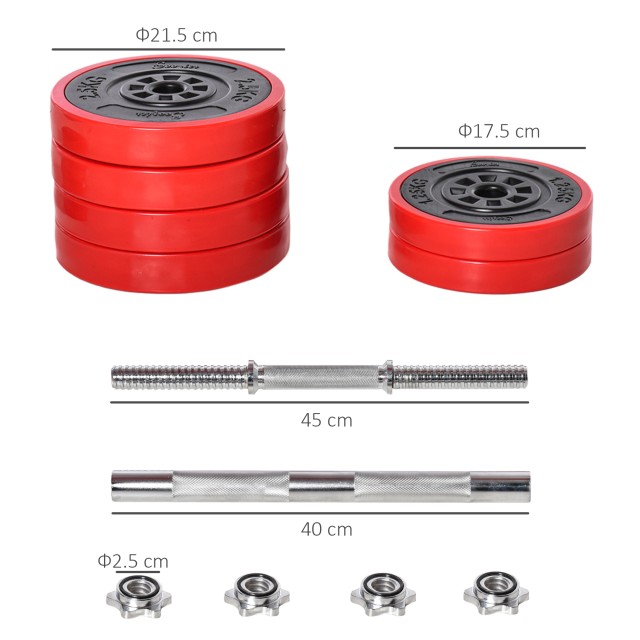 HOMCOM Barbell and Dumbbell Σετ 2 σε 1 Βάρη 30kg, Δίσκοι με πλαστική επίστρωση ανθεκτική στις γρατσουνιές, κόκκινο A91-156