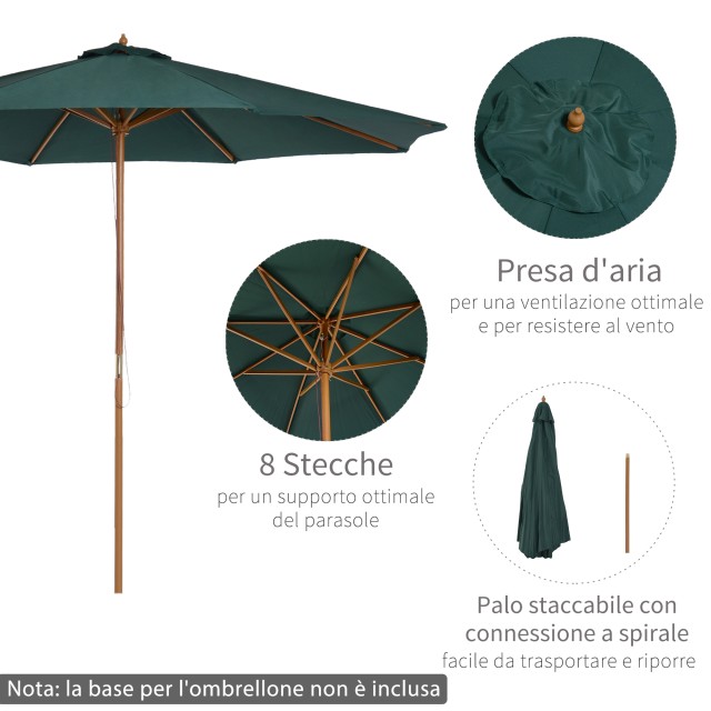 Outsunny Garden Parasol Φ300 x 250Acm με άνοιγμα σχοινιού, 8 νευρώσεις και ξύλινο κοντάρι, σκούρο πράσινο 01-0243