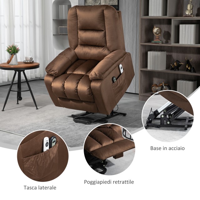 HOMCOM Relaxing Lift Chair, Ανακλινόμενη, Μασάζ και Θερμαινόμενη σε Βελούδινο, Καφέ 713-160V90DR