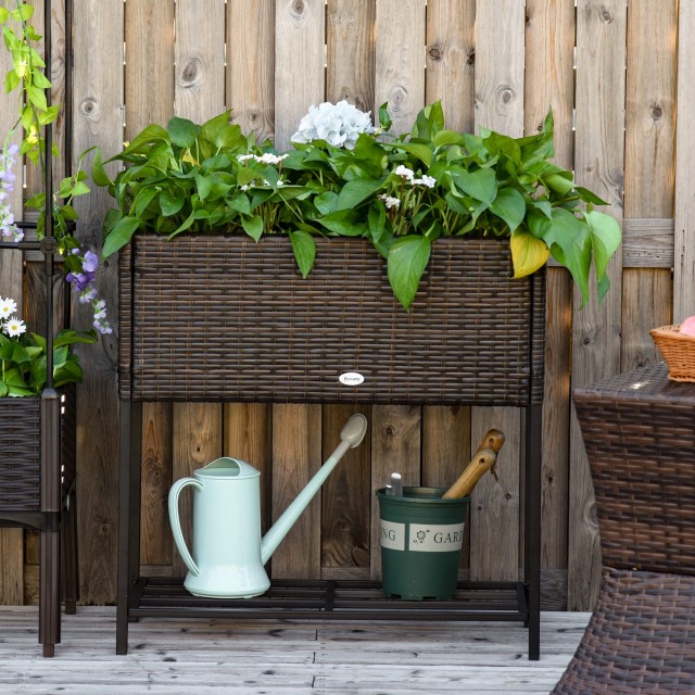 Outsunny Wicker Effect Planter με καφέ ράφι (70cm x 30cm x 72cm) 86...